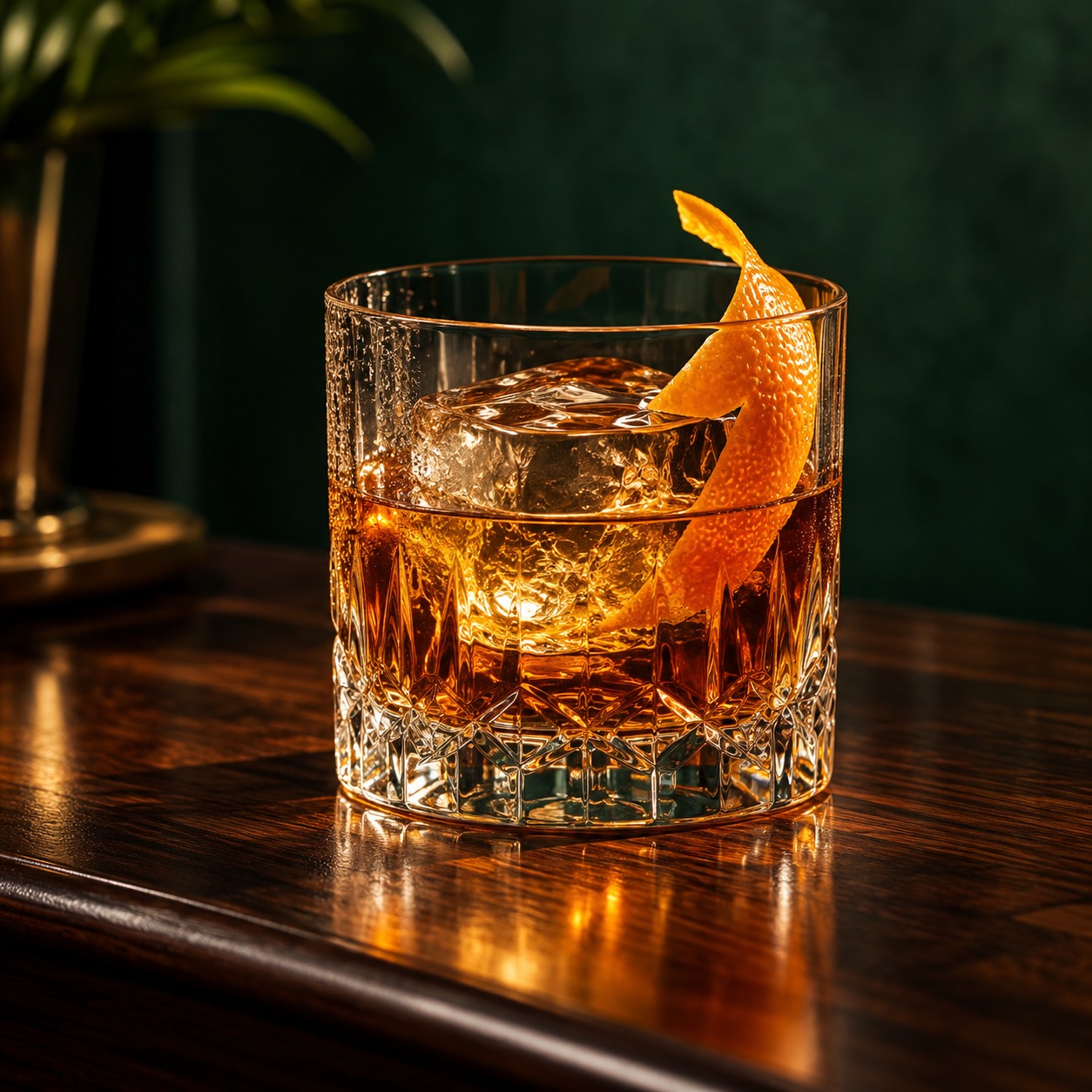 Amber Añejo Old Fashioned with orange peel over a clear ice cube